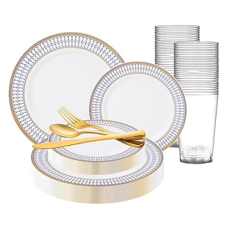 Smarty Had A Party White with Blue and Gold Chord Rim Plastic Wedding Value Set, 720PK 620VS120